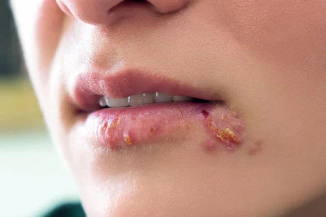 Lower lip with clustered cold-sore lesions and yellow crusting characteristic of herpes simplex infection.