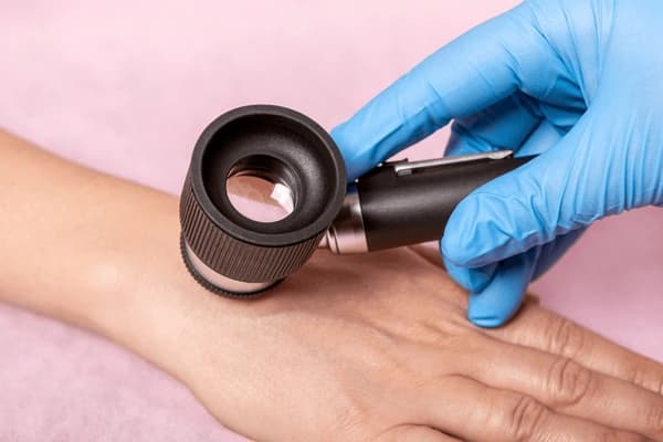 Skin examination with a dermatoscope Gloved doctor's hand examining the skin on a patient's hand with a dermatoscope during a mole check.